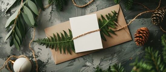 A white wedding invitation with fern decorations and a brown envelope is placed on the table.