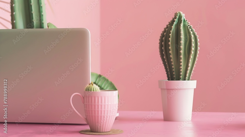 Poster Working with Laptop computerHot coffee and cactus copy space on pink table backgroundTop viewFlat laystyle Minmal workspacebusiness Concept : Generative AI