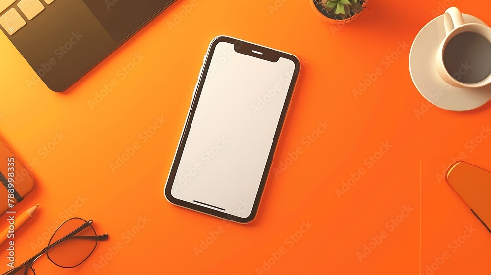 Aufkleber Flat lay top view of orange office table desk with smartphone blank screen mockup with clipping path Modern working space : Generative AI