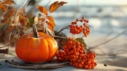 Autumnal subject image with close up of ripe pumpkin and bunch of rowan berry on wooden plate with background of sandy beach - obrazy, fototapety, plakaty
