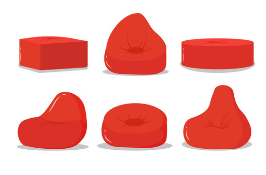 PNG, Red beanbag in trendy flat style. Comfortable fluffy soft chair in front and left view. Pouf furniture icon isolated on white background. Set of pillow in a different shape. Vector illustration.