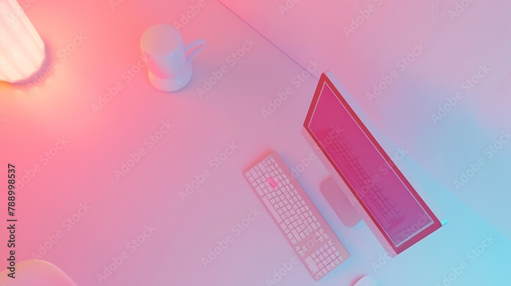 Poster Colored office desk table with computer Top view with copy space : Generative AI
