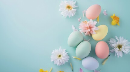 Fototapeta na wymiar Happy easter Colourful of Easter eggs in with flower on pastel background Greetings and presents for Easter Day celebrate time Flat lay top view : Generative AI