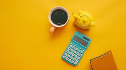 Calculator and coffee cup piggy bank on a yellow background Business cocnept Top view Flat lay : Generative AI