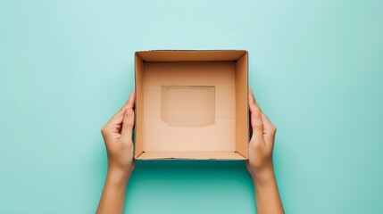 Woman hands holding opened brown carton box on light blue table background Pastel color Closeup Empty place for different things goods food or products packaging for delivery Point of  : Generative AI