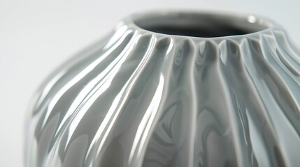 Subject shot of a grey ceramic glossy vase decorated with a glaze The designer vase with serrated relief surface is isolated on the white background : Generative AI