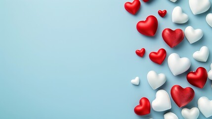 Valentines Day background White and red hearts on pastel blue background Valentines day concept...