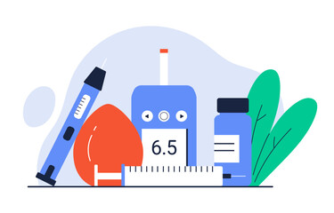 Diabetes equipment concept. Diabetic test for blood sugar level. Syringe, glucometer, insulin pen, vial. Diabetic lifestyle. Isolated vector illustration in cartoon style
