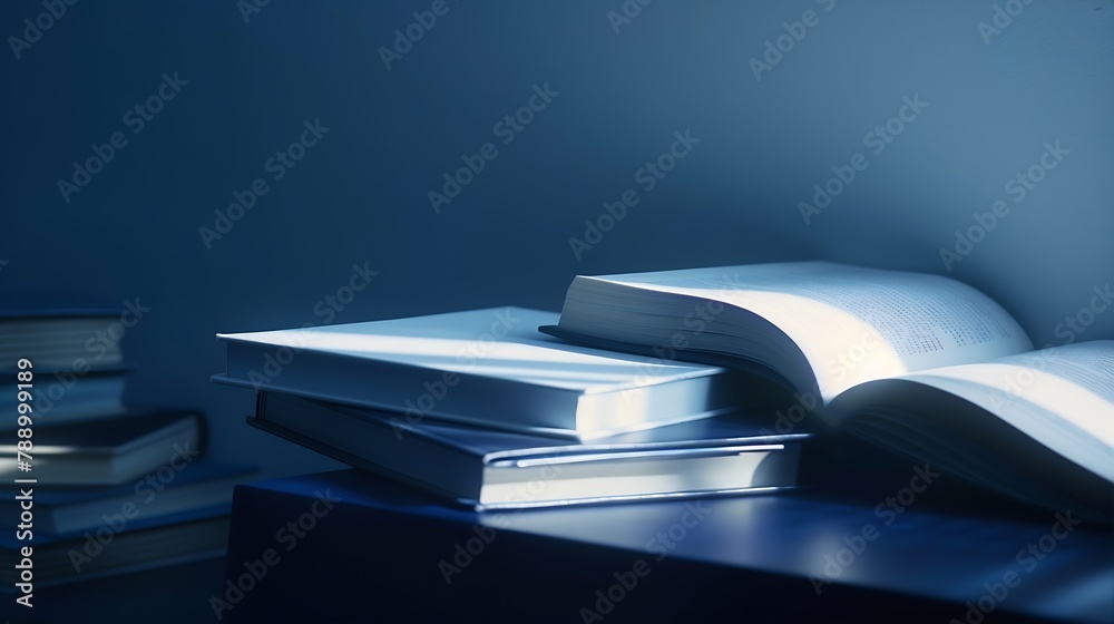 Poster open and closed books on dark blue table : generative ai