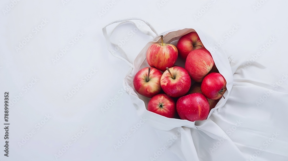Aufkleber red ripe apples in shopping bag on white background autumn apple flat lay top view copy space autumn
