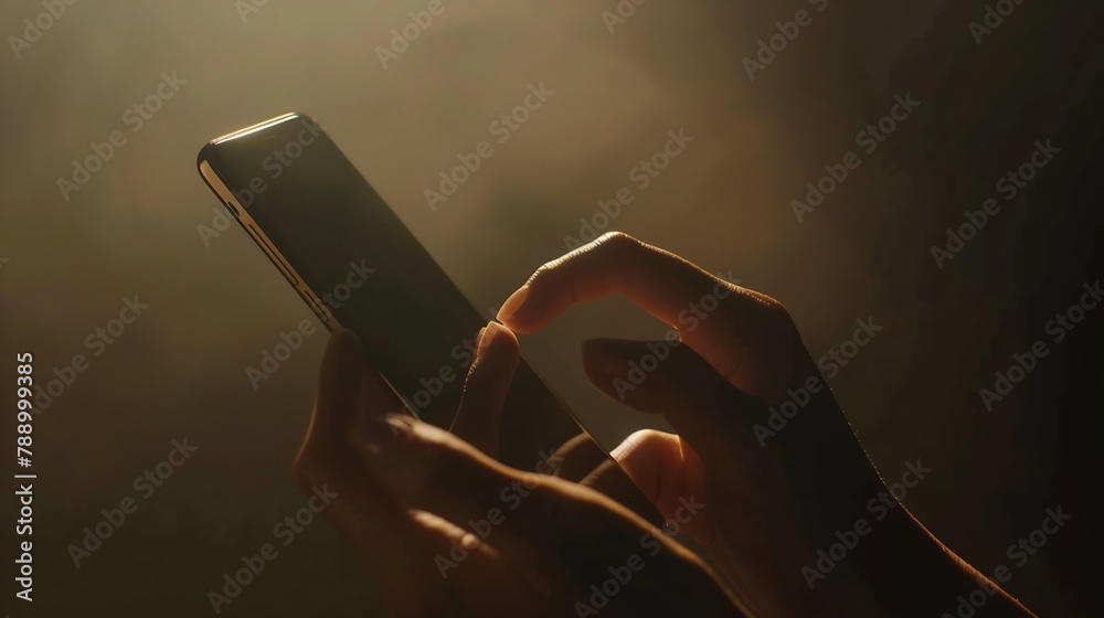 Poster closeup of hands with mobile phone or smartphone : generative ai