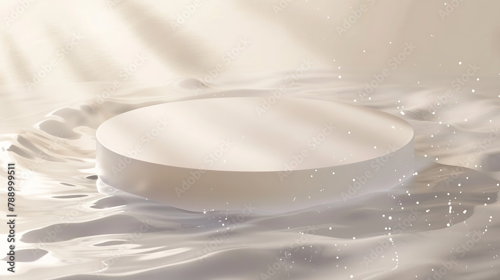 Poster empty white circle podium on transparent clear calm water texture with splashes and waves in sunligh