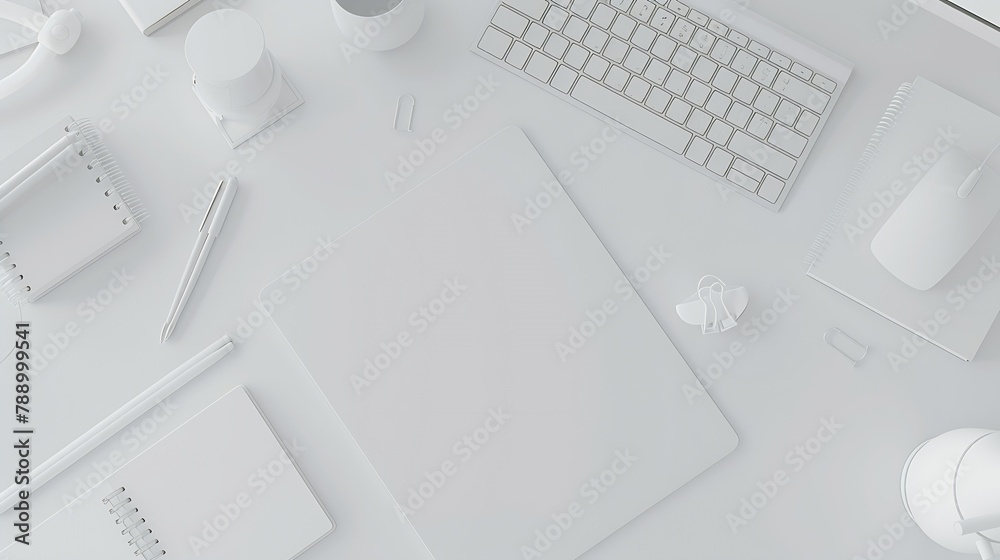 Poster Top view white office desk table with blank notebook computer keyboard and other office supplies with copy space flat lay : Generative AI