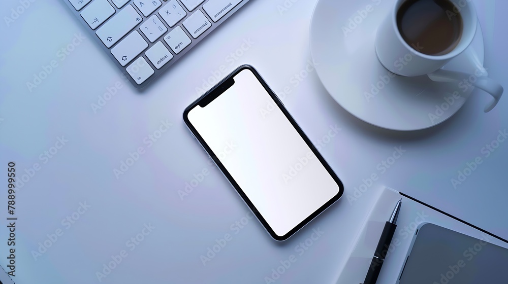 Aufkleber Flat lay mobile phone with empty screen coffee cup notepad and keyboard on white table Top view with copy space : Generative AI
