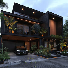 a modern big house, black and dark wood tones