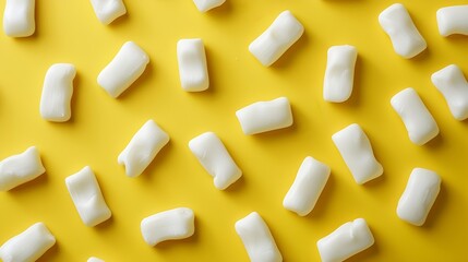 Tasty white chewing gums on yellow background flat lay : Generative AI