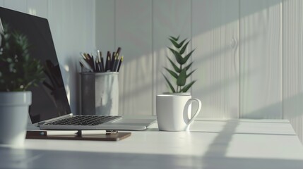 Close up view of minimal workspace with laptop supplies coffee cup decoration and copy space on white table with plank wall : Generative AI