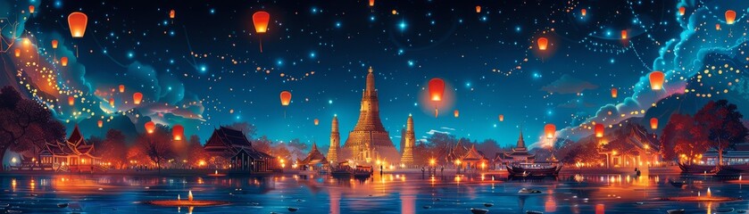Lantern Festival Celebration in Thai Temple Complex at Night with Glowing Sky - obrazy, fototapety, plakaty