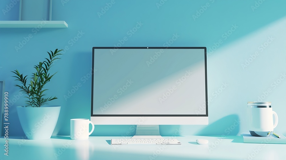 Poster Close up view of creative workspace with blank screen computer mug tree pot and copy space on white table with shelf on light blue wall : Generative AI