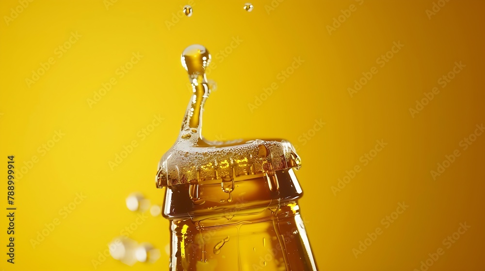 Poster Opening of cold beer bottle gas output and bottle cap in the air Isolated on a yellow background : Generative AI