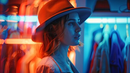 Stylish young woman in neon lights with a fedora hat - obrazy, fototapety, plakaty
