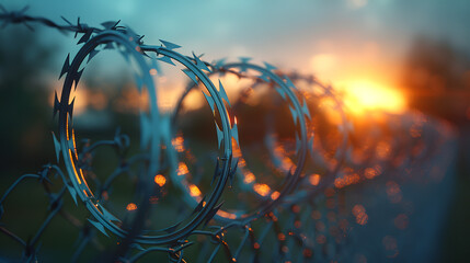 Barbed wire coils against a sunset background. Security and boundary concept with an element of freedom. Design for diverse uses from warning signs to metaphorical art. Bokeh effect with warm tones