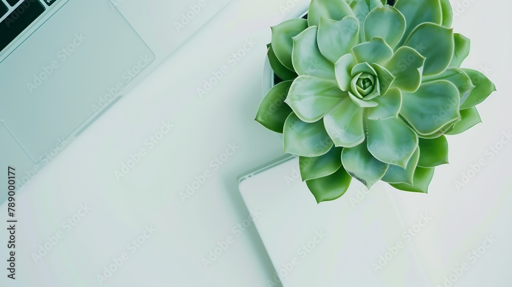 Poster Stylish office table desk Workspace with laptop diary succulent on white background Flat lay top view : Generative AI