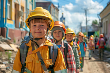 A young girl confidently leads a group of peers on a construction site tour, all wearing safety helmets as a part of an educational field trip.