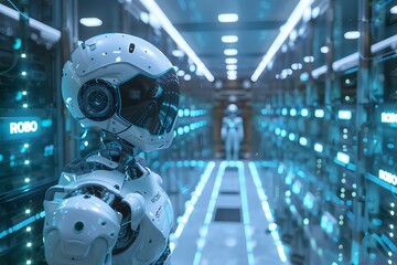 Fototapeta premium A portrait of robot ai is standing in a factory with other robots