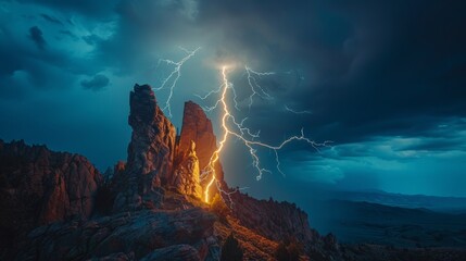 Thunder and Lightning: A photo of lightning striking a mountain peak