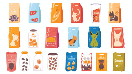 Pets food in packages set. Feline and canine feed che