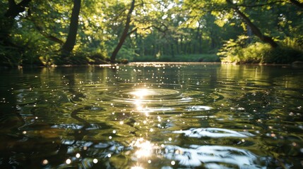 Water Spark: A photo of a pond with sparkling water, reflecting the surrounding trees and sky