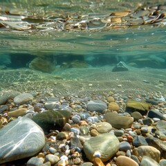 Smooth pebbles and coarse sand under shallow clear water