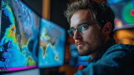 Weather Forecasting: A photo of a meteorologist analyzing data on a computer - obrazy, fototapety, plakaty