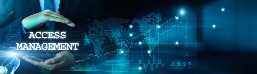 Businessman hold access management for business and protect data with virtual network connection. Modern technology develop smart solution. Enhance security and streamline operations.