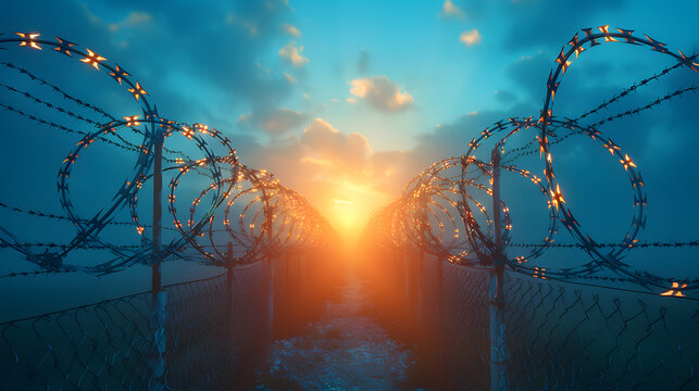 Sunrise over landscape with barbed wire fencing. Hope and restriction concept. Design for winter scenes, inspirational backgrounds, and security-related themes. Panoramic view with a sunburst 