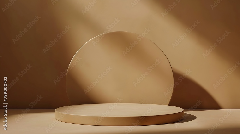 Poster Blank round geometric shape podium platform on paper cut abstract minimal geometric shape light brown background Top view mock up for product display : Generative AI