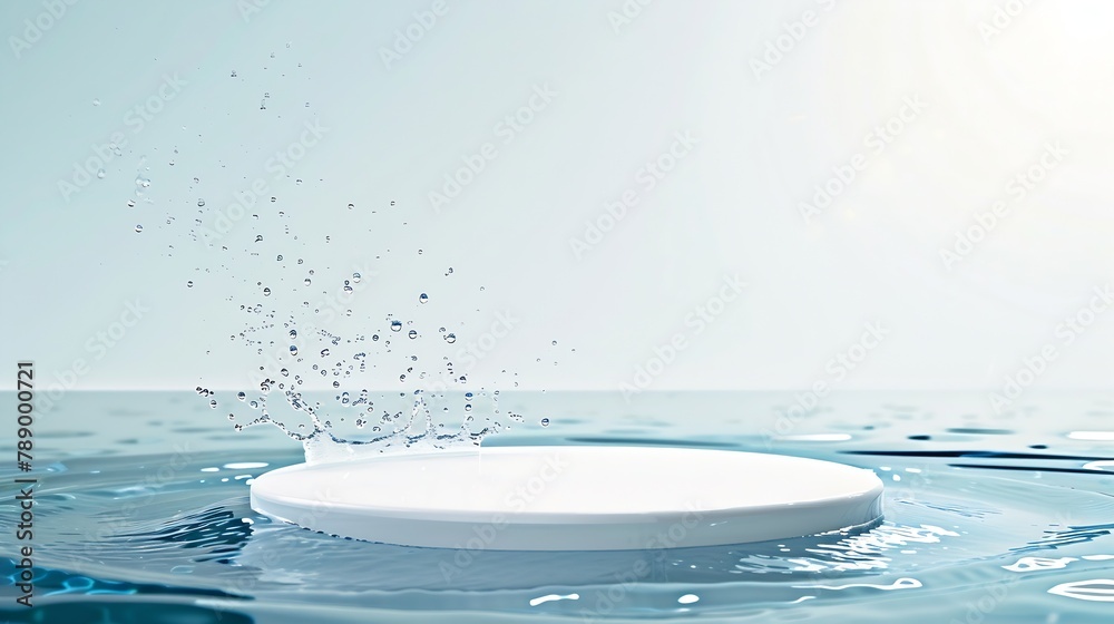 Poster empty white circle podium on transparent clear calm blue water texture with splashes and waves in su