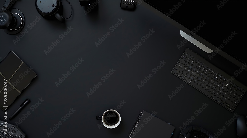 Aufkleber High angle view of office black desk with copy space Table with keyboard computer coffee cup and supplies Top view of blackboard office desk Businessman or student desk : Generative AI