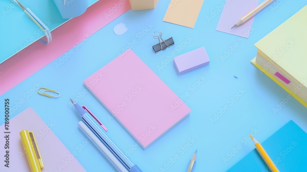 Poster notebook paper pencil paper clip and sticky note on pastel office desk with copy space : generative 