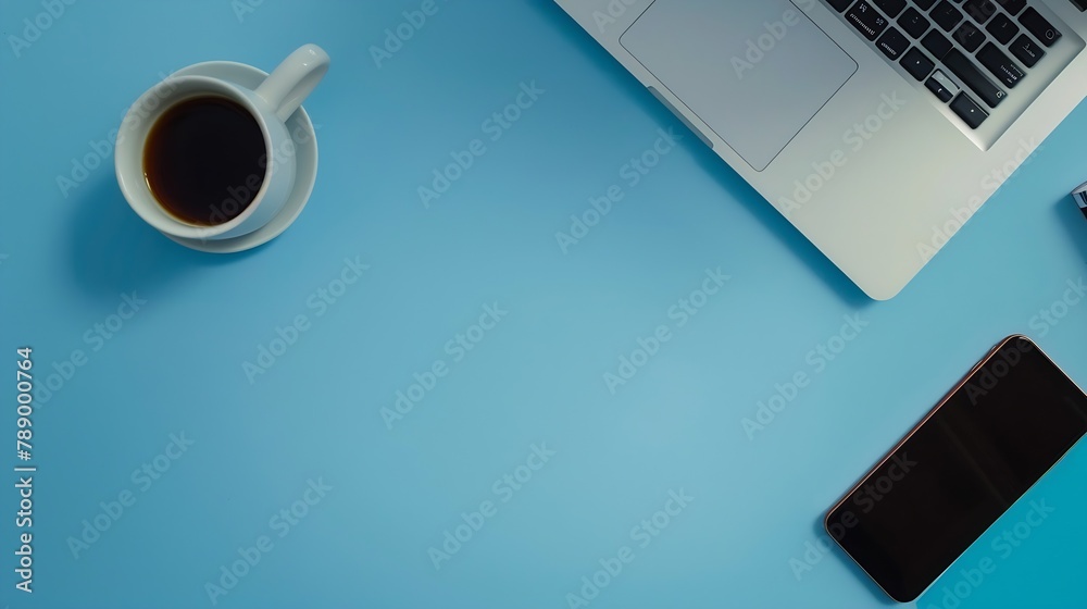 Poster Flat lay Minimal work space  Creative flat lay photo of workspace desk Top view office desk with laptop notebooks and coffee cup on blue color background : Generative AI