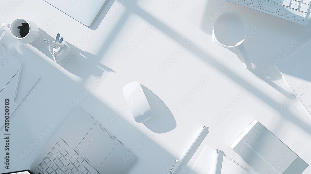 Poster white office desk with laptop and supplies top view with copy space flat lay : generative ai