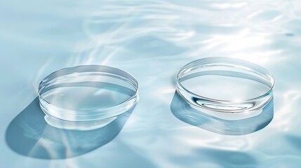 Two empty clear glass circle podiums on light blue transparent calm water texture with waves in...