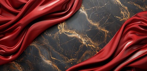 An elegant marble surface in chocolate-brown veined with sparkling gold and matched with deep red silk.  - obrazy, fototapety, plakaty