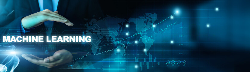 Machine learning, machine learning technology. Businessman hold machine learning business, machine...