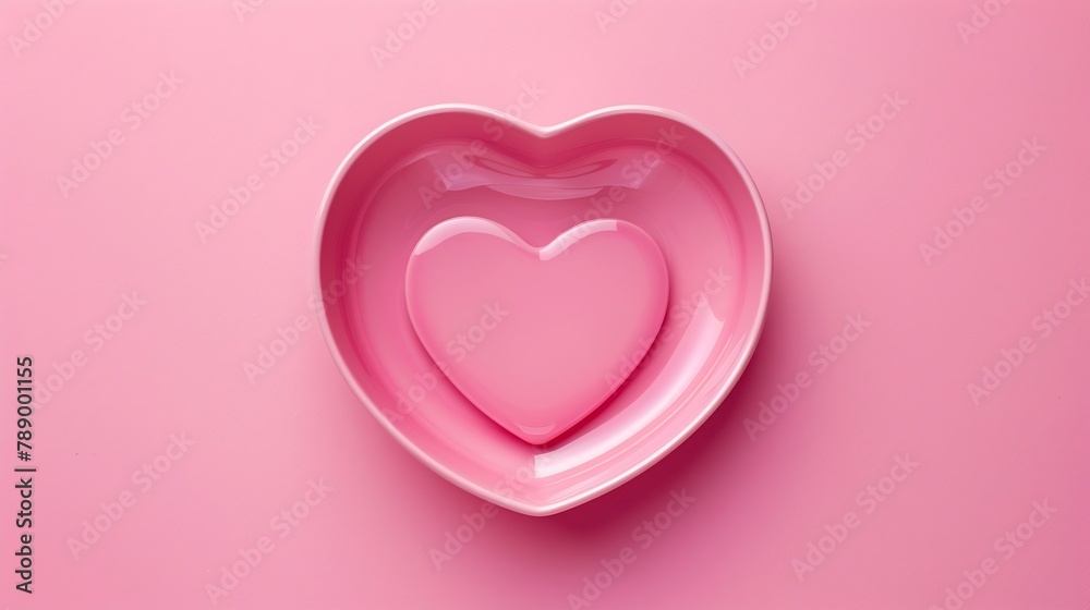 Aufkleber Empty pink heart shaped plate on pink background table Flat lay top view copy space : Generative AI