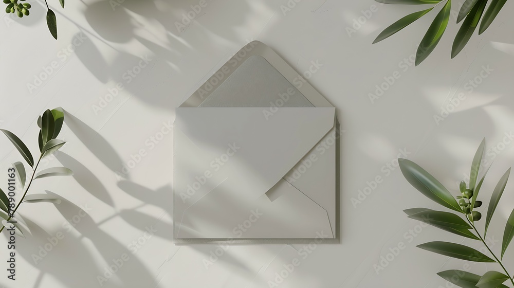 Aufkleber Mock up card with plants Invitation card with grey envelope on white background : Generative AI