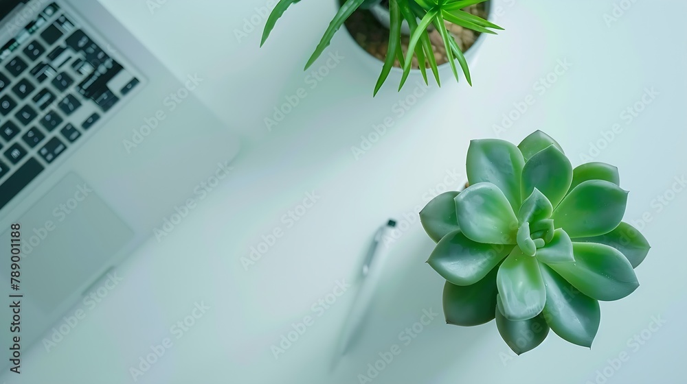 Poster Stylish office table desk Workspace with laptop diary succulent on white background Flat lay top view : Generative AI