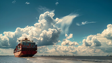 A large cargo ship carrying containers sails through the vast expanse of the ocean - obrazy, fototapety, plakaty