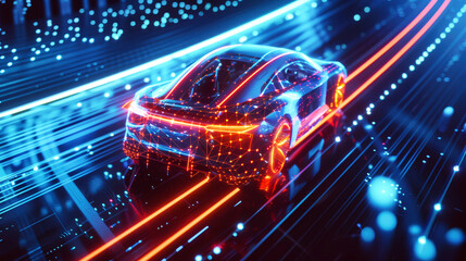An electric car cruises gracefully through a tunnel illuminated by vibrant neon lights, creating a mesmerizing visual spectacle